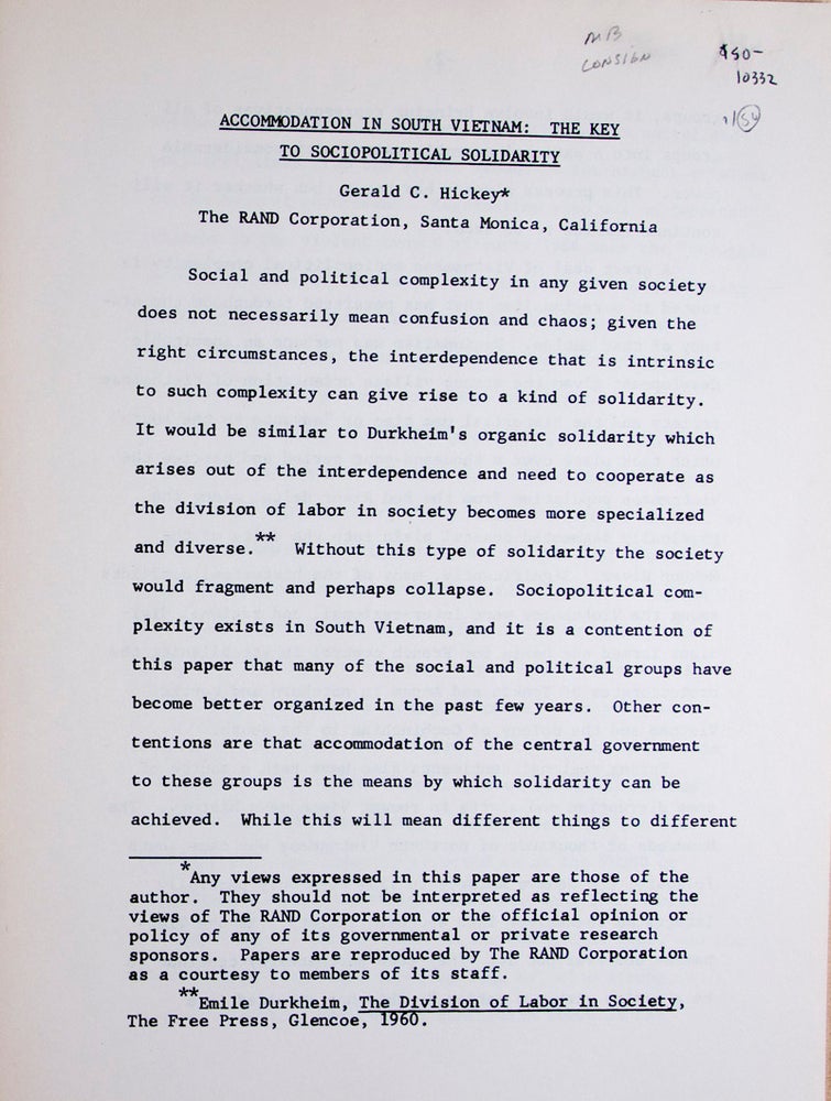 Item #10332 Accomodation in South Vietnam: The Key to Sociopolitical Solidarity. Gerald C. Hickey.