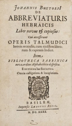 1) Synagoga Judaica : De Judaeerum fide, ritibus, ceremoniis tam publicis et sacris, quam privatis, in domestica vivendi ratione: De novo restaurata, et innumeris accessionibus in ampliorem et augustiorem formam redacta. (1661) ; 2) De Abbreviaturis Hebraicis Liber novus & copiosus: Operis Talmudici brevis recensio, cum ejusdem librorum & capitum indice. Item Bibliotheca Rabbinica nova, ordine alphabethico disposita. Editione hac secunda. Omnia castigatoria & locupletiora. (1640). 2 volumes in one