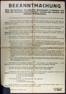 Item #12620 Bekanntmachung über die Errichtung des jüdischen Wohnbezirks in Stanislau und über den Personen - und Fahrverkehr zwischen den arischen und jüdischen Wohnbezirken.