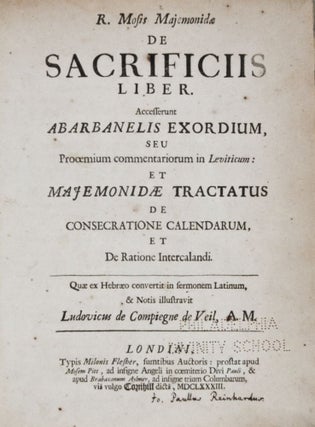 Item #14061 R. Mosis Majemonidae de Sacrificiis Liber : Accesserunt Abarbanelis Exordium, seu...