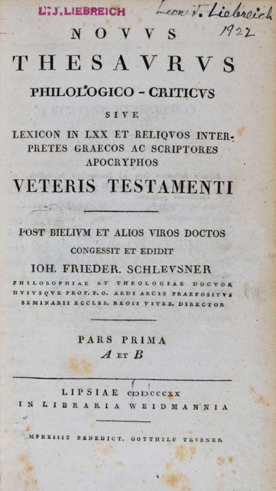 Item #14104 Novus thesaurus philologico-criticus: sive Lexicon in LXX et reliquos interpretes graecos ac scriptores apocryphos Veteris Testamenti. Vol. 1: A-E. Vol. 2: Z-M. Johann Friedrich Schleusner.