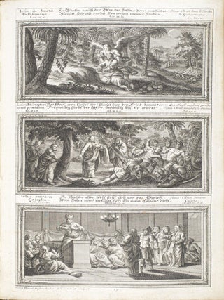 Zu der Ehre Gottes und Erbauung des Nächsten absielende Vorbildung der vornehmsten Wercke, Wunder, Wohlthaten und Berichte Gottes, so in den Büchern des Alten Testaments vorkomen zur Auszierung des Heil. Bibel Buchs in 30. schönen Kupffer Blatten vorgestellt auf Kosten und Verlag Johann Georg Cotta, Buchhändler in Tübingen.