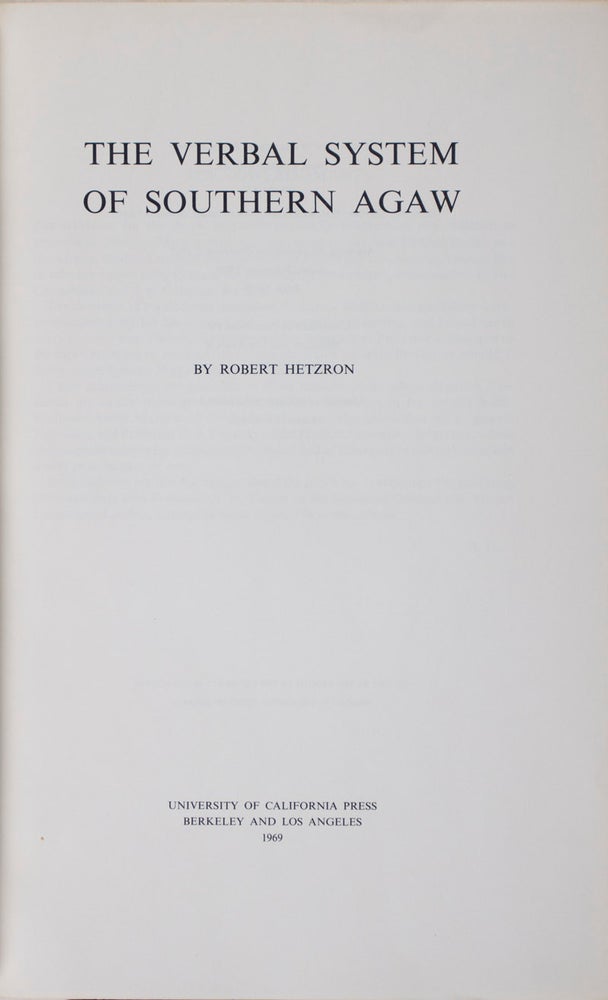 Item #15073 The Verbal System of Southern Agaw. Robert Hetzron.