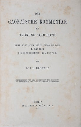 Item #18272 Der Gaonäische Kommentar zur Ordnung Tohorot: Eine kritische Einleitung zu dem R....