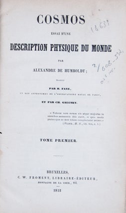 Item #18683 Cosmos. Essai d'une description physique du monde. Traduit par H. Faye, un des...