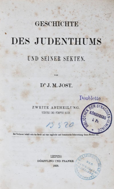 Item #20685 Geschichte des Judenthums und seiner Sekten (Secten). J. M. Jost.