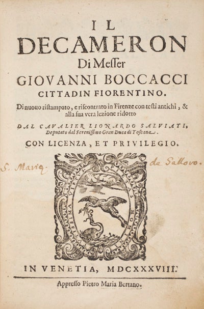 Item #21217 Il Decameron, Di nuovo ristampato, e riscontrato in Firenze con testi antichi, & alla sua vera lezione ridotto. Giovanni Boccacci, Lionardo Salviati.