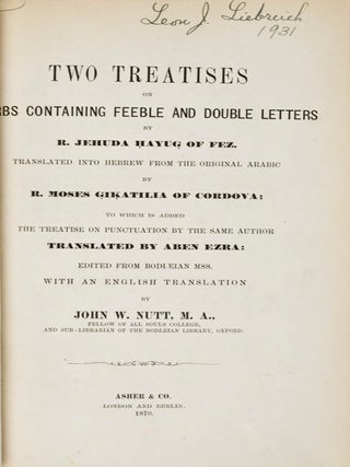 Item #21459 Two Treatises on Verbs Containing Feeble and Double Letters. To which is Added the...