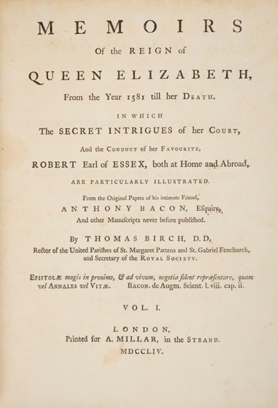 Item #21810 Memoirs of the Reign of Queen Elizabeth from the Year 1581 till her Death. 2 Vols. Thomas Birch.