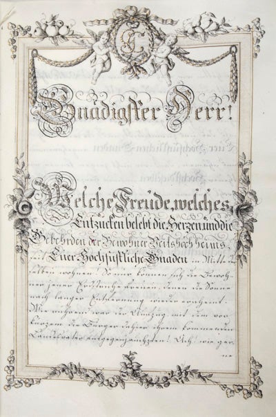Item #21897 Huldigungsschrift für Georg Karl von Fechenbach, Fürstbischof von Würzburg [THE JEWISH COMMUNITY OF WÜRZBURG WELCOMES PRINCE-BISHOP GEORG KARL VON FECHENBACH] [MANUSCRIPT]. Judenschaft von Veitshöchheim.