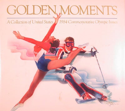 Item #22626 Golden Moments: A Collection of United States 1984 Commemorative Olympic Issues. Paintings, Olympic postage, James A. Michener, Robert Peak.