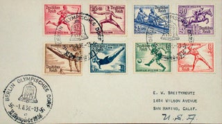Item #22654 Original envelope with eight illustrated 1936 Olympic post stamps and three Olympic...