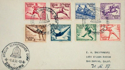 Item #22654 Original envelope with eight illustrated 1936 Olympic post stamps and three Olympic Village cancellations. n/a.