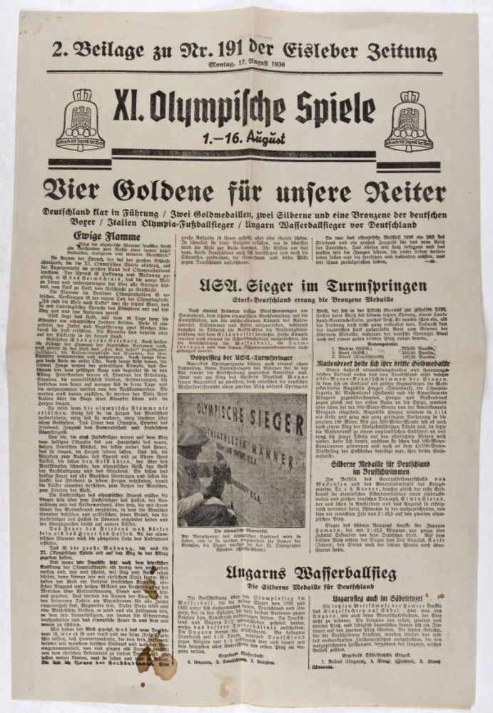 Item #22810 Eisleber Zeitung: XI. Olympische Spiele, 1.-16. August (2. Beilage zu Nr. 191 der Eisleber Zeitung, Montag, 17. August 1936). n/a.