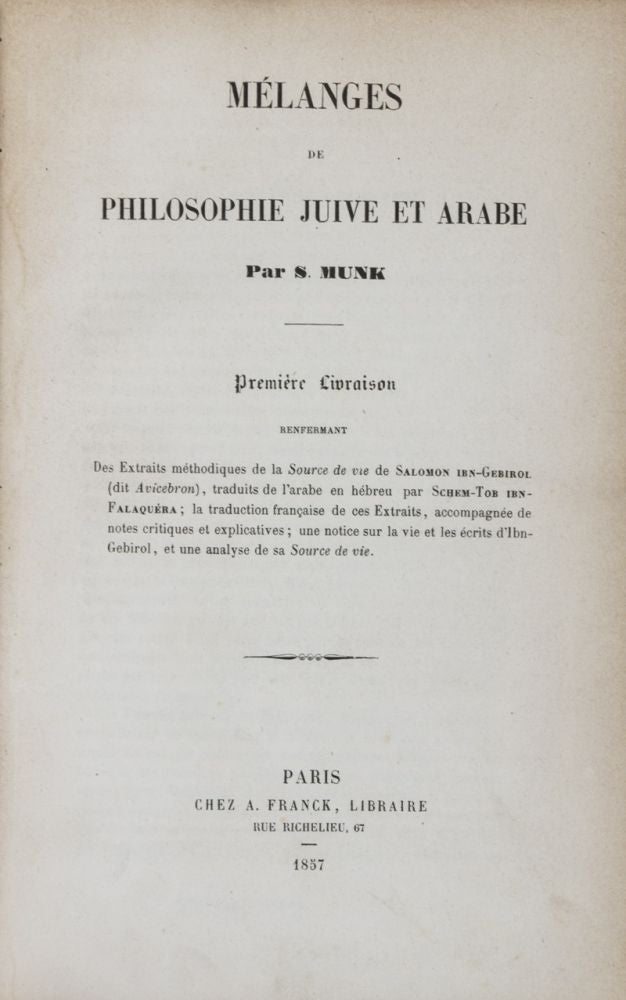 Item #23200 Mélanges de Philosophie Juive et Arabe. Première Livraison. S. Munk.