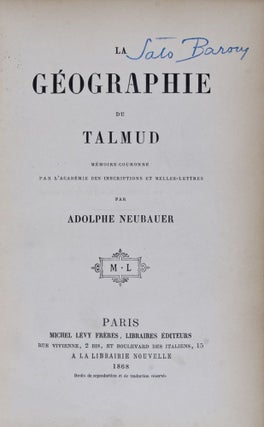 Item #23275 La Géographie du Talmud. Mémoire Couronné par l'Académie des Inscriptions et...