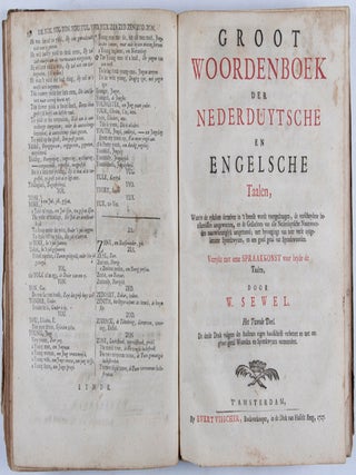 Groot Engelsch en Nederduytsch als mede Nederduytsch en Engelsch woordenboek. A large dictionary English and Dutch, in two parts: Wherein each language is set forth in its proper form; the various significations of the words being exactly noted, and abundance of choice phrases and proverbs intermixt.: To which is added a grammar, for both language... = Groot woordenboek der Engelsche en Nederduytsche taalen; nevens eene spraakkonst derzelver.
