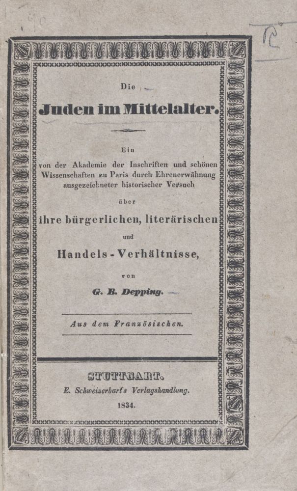 Item #26436 Die Juden im Mittelalter. G. B. Depping.