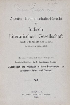 Item #26491 Zweiter Rechenschafts-Bericht der Jüdisch-Gesellschaft (Sitz : Frankfurt am Main),...