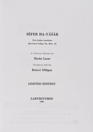 Item #26555 Sefer Ha-Yasar. First Ladino Translation (Haverford College, Ms. Hebr. 18). A...