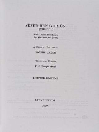Sefer Ben Gurion (Yosipon). First Ladino Translation by Abraham Asa (1753). A Critical Edition