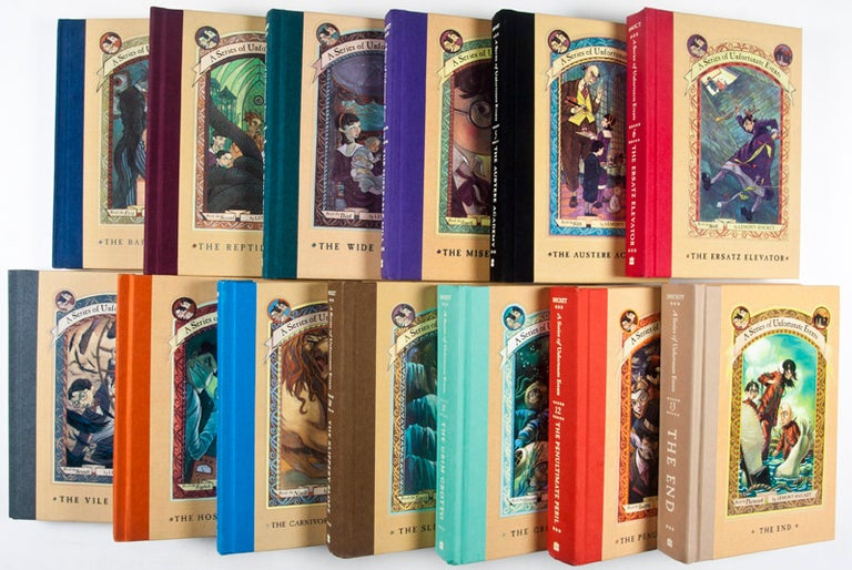 Item #27126 A Series of Unfortunate Events. Complete set of 13 volumes + Promotional Items [9 VOLUMES SIGNED BY HELQUIST AND INSCRIBED BY SNICKET} The remaining four with Snicket's blind stamp.; Snicket, Lemony. Lemony Snicket, Brett Helquist, Author.
