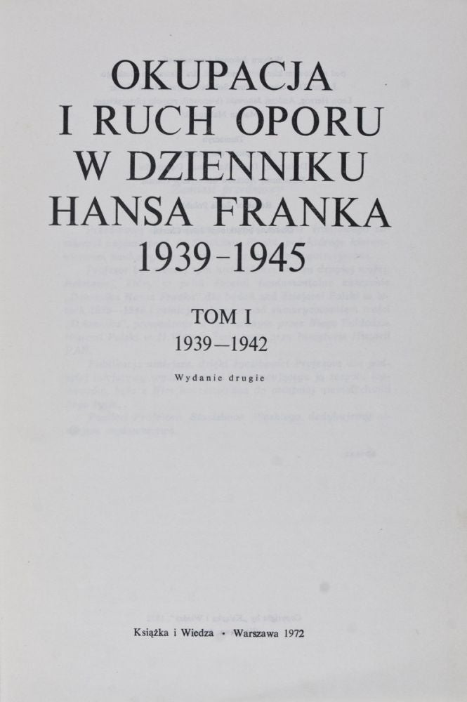 Item #27346 Okupacja i ruch oporu w dzienniku Hansa Franka, 1939-1945 (2 vols.). Hans Frank.