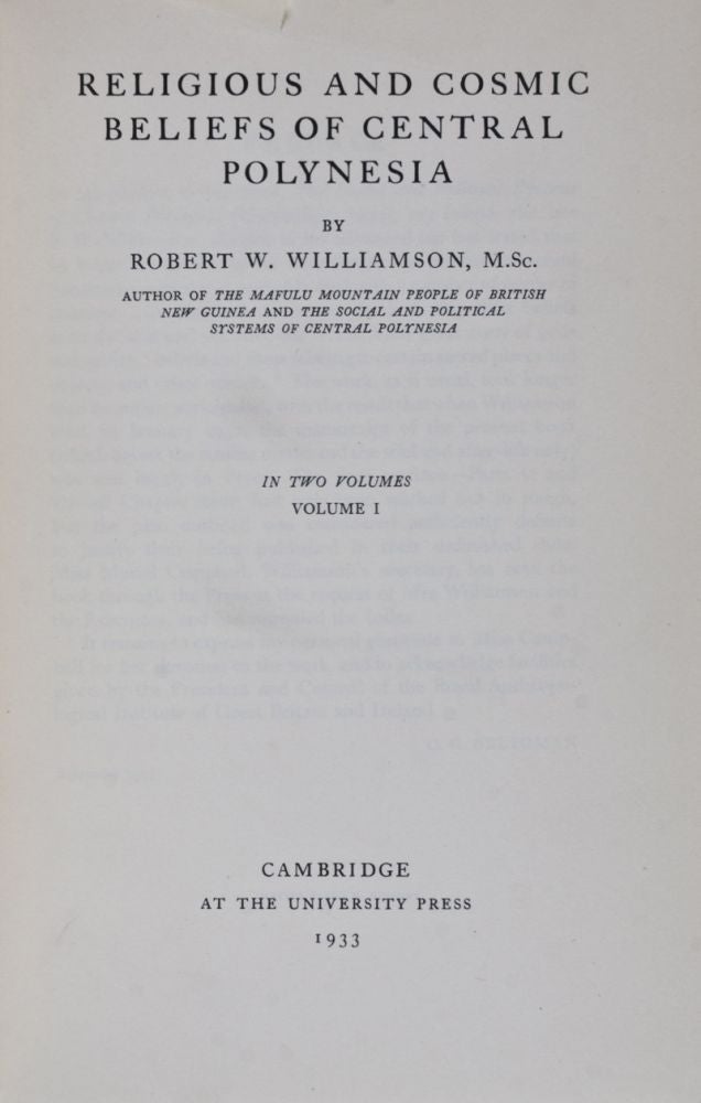 Item #27549 Religious and Cosmic Beliefs of Central Polynesia. Robert W. Williamson.