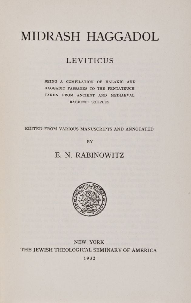 Item #27986 Midrash Haggadol: Leviticus. Being a Compilation of Halakic and Haggadic Passages to the Pentateuch Taken From Ancient and Mediaeval Rabbinic Sources. E. N. Rabinowitz.