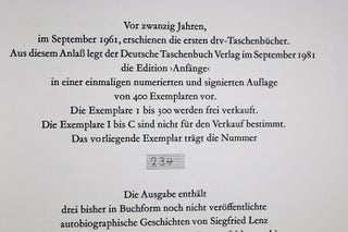 Anfänge: Drei Autobiographische Geschichten [SIGNED BY LENZ, PIATTI & FRIEDRICH WITH ORIGINAL LITHOGRAPH BY PIATTI]