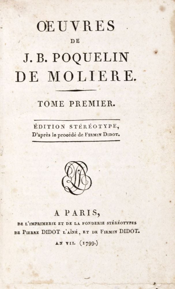 Item #29272 Oeuvres de J. B. Poquelin de Molière. Edition stéréotype. 8-vol. set (Complete). Molière, Jean-Baptiste Poquelin.