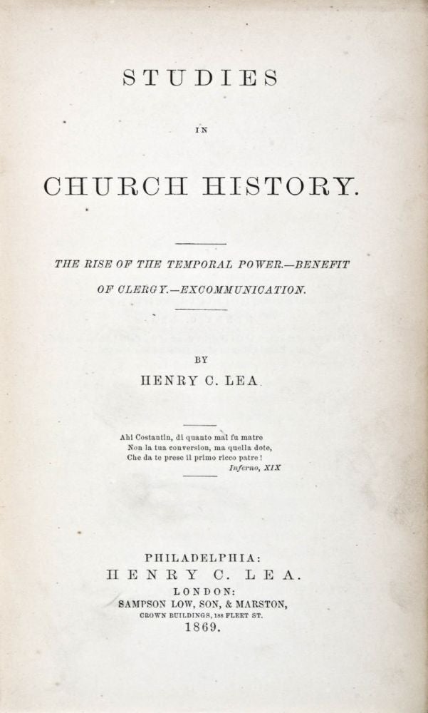 Item #30701 Studies in Church History: The Rise Of The Temporal Power - Benefit of Clergy - Excommunication. Henry C. Lea.