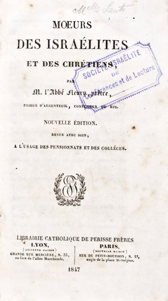 Item #31388 Moeurs des Israélites et des Chrétiens. M. l'Abbé Fleury, Claude.