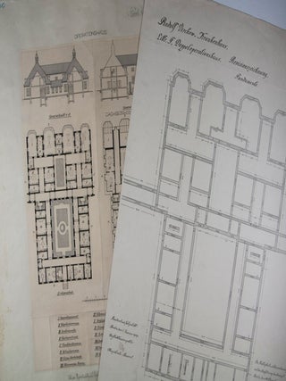 Collection of 10 original printed architectural plans & drawings by Ludwig Hoffmann of the Rudolf-Virchow-Krankenhaus (Hospital) in Berlin-Wedding. Signed & annotated by Hoffmann, some also signed by Stadtbauinspektor Tietze