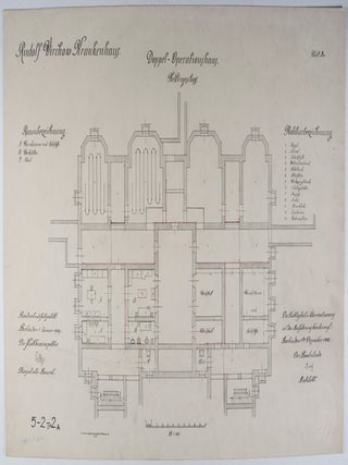 Collection of 10 original printed architectural plans & drawings by Ludwig Hoffmann of the Rudolf-Virchow-Krankenhaus (Hospital) in Berlin-Wedding. Signed & annotated by Hoffmann, some also signed by Stadtbauinspektor Tietze
