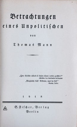 Item #34187 Betrachtungen eines Unpolitischen (Reflections of a Nonpolitical Man). Thomas Mann