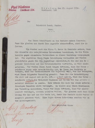 Item #37920 Niedenzu vs. Sander. Correspondence (Aryanization of Jewish Company in Gera). n/a