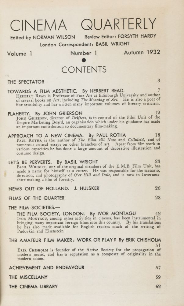 Item #38355 Cinema Quarterly: Vol. I (Nos. 1, 2, 3 & 4) & Vol. II (Nos. 1, 2, 3, & 4), 2. Vols. set (Complete) [FROM THE PERSONAL LIBRARY OF PAUL BURNFORD*]. Norman Wilson, Forsyth Hardy, Review.