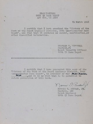 History of the Work of the Depot Engineer Division 55th QM Base Depot:1945-46[SIGNED BY CAPTAIN NORRIS T. PINDAR, JR]