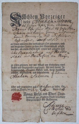 Item #39326 18th Century Printed and Manuscript Prussian Passport for the Jew Abraham Salomon. n/a