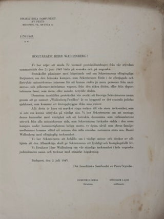 Letter to Raoul Wallenberg and the Official Extract of the Wallenberg Commemoration Gathering of the Jewish Community of Pest on June 21, 1945