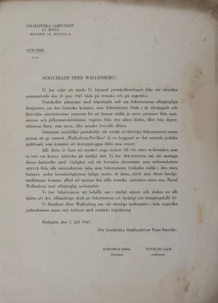 Letter to Raoul Wallenberg and the Official Extract of the Wallenberg Commemoration Gathering of the Jewish Community of Pest on June 21, 1945