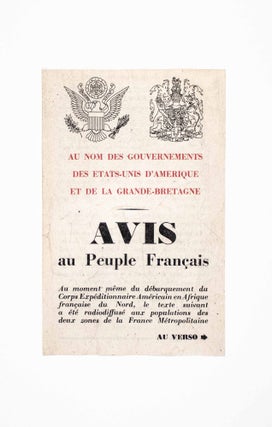 Item #40628 Avis au Peuple Français [Airborne leaflet dropped over France following the Allied...