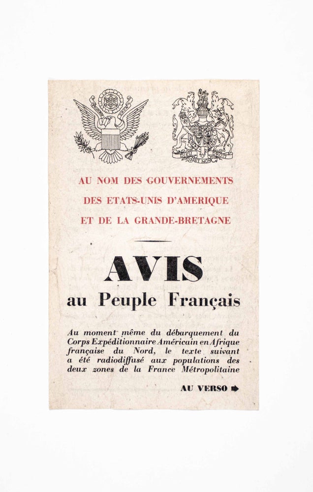 Item #40628 Avis au Peuple Français [Airborne leaflet dropped over France following the Allied landing (Operation Torch) in French North Africa]. n/a.