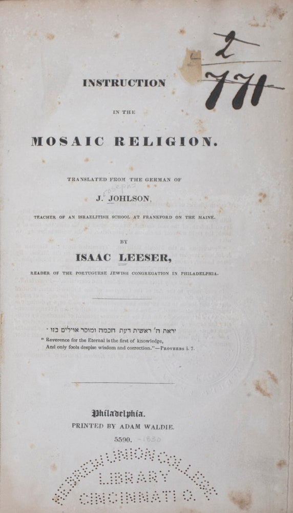 Item #41052 Instruction in the Mosaic Religion. Isaac Leeser, J. Johlson.