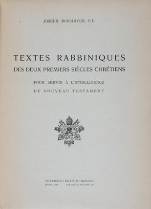 Item #41554 Textes Rabbiniques des Deux Premiers Siècles Chrétiens Pour Servir à...