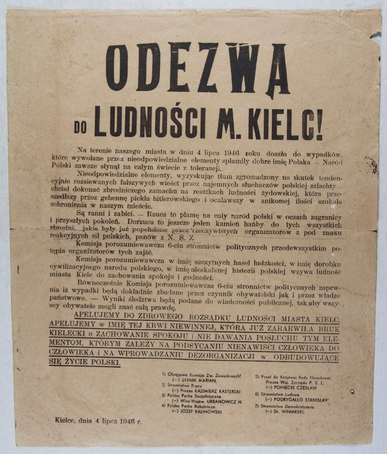 Item #41666 "Odezwa do Ludnosci M. Kielc!" (Appeal to the People of the City of Kielce); Post War Polish Pogrom. Kie, ce.