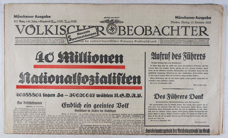 Item #41676 Völkischer Beobachter, Nr. 317, Montag, 13. November 1933: "40 Millionen Nationalsozialisten" (40 Millions of National-socialists). n/a.