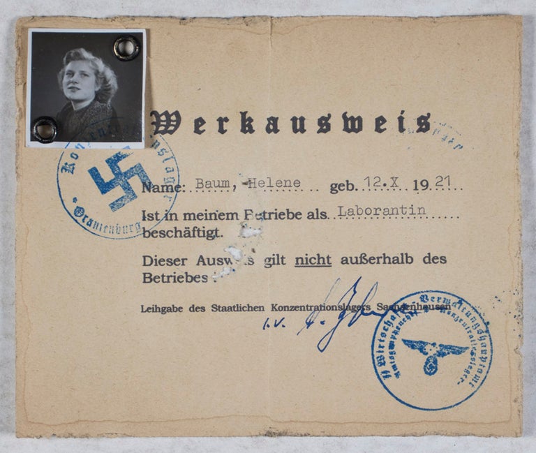 Item #41785 An original Werkausweis, a Forced Labor ID pass issued to a female inmate at the Sachsenhausen-Oranienburg Concentration Camp during WWII. N/A.