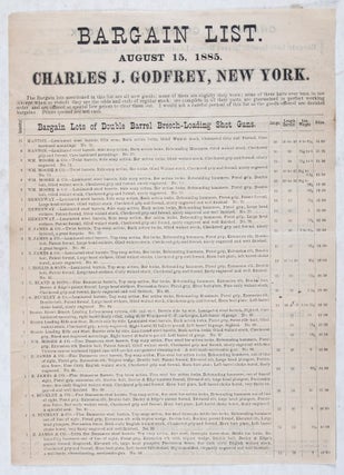 Trade Price List. August 25, 1879. Charles J. Godfrey, Manufacturers' Agent, Importer of and Dealer in Breech and Muzzle Loading Shot Guns, Rifles, Revolvers, Gun Materials, Ammunition, &c. [WITH] Bargain List. August 15, 1885. Charles J. Godfrey, New York. Bargain Lots of Double Barrel Breech-Loading Shot Guns; Bargain Lots of Double Barrel Muzzle Loading Shot Guns; Bargain Lots of Breech Loading Flobert and Sporting Rifles; Bargain Lots, Army Revolvers [WITH] Supplement, March 22, 1882. Trade List. James W. Godfrey